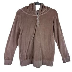 Kate Quinn Tan Hooded Long Sleeve 1/4 Button Up Pullover Velour Sweatshirt Sz XL